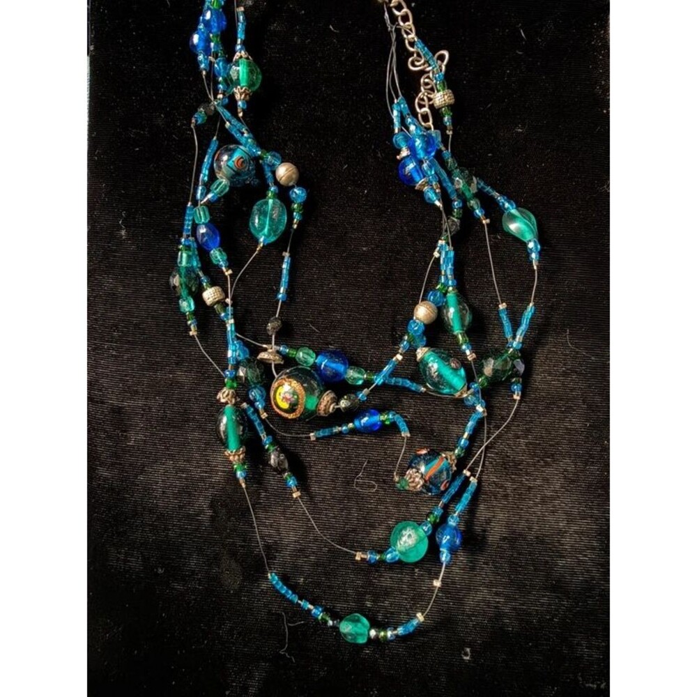 5-Strand Floating Glass Bead Necklace, Blue Green